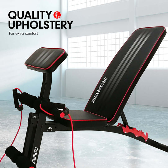 Powertrain adjustable FID home gym bench with preacher curl pad, featuring quality upholstery for comfort. Affordable gym equipment.