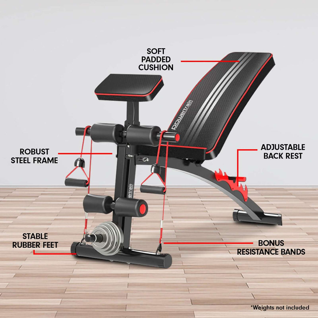 Powertrain Adjustable FID Gym Bench with padded cushion, steel frame, adjustable backrest, and bonus resistance bands.