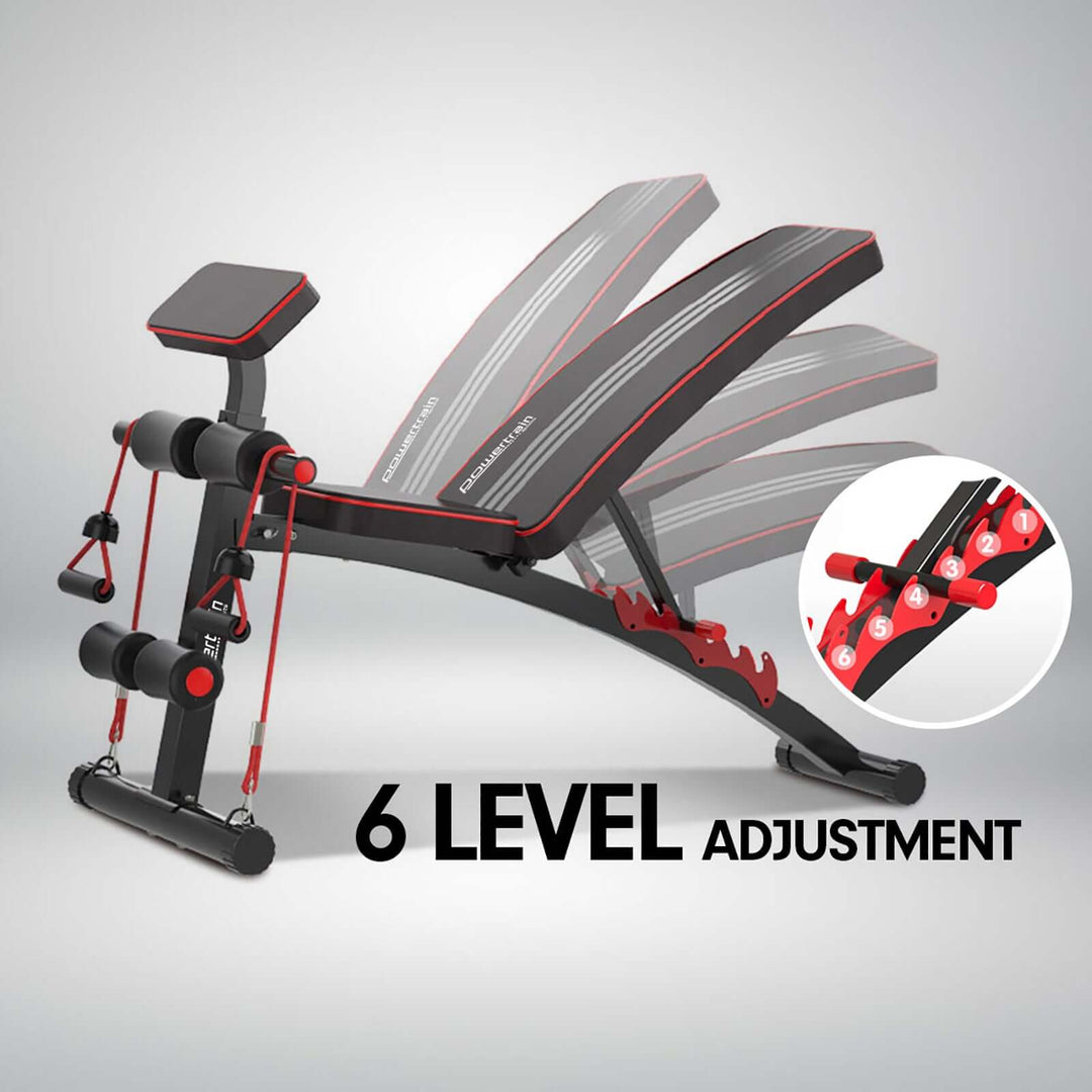 Powertrain adjustable FID home gym bench showcasing 6-level adjustment features for versatile workouts.