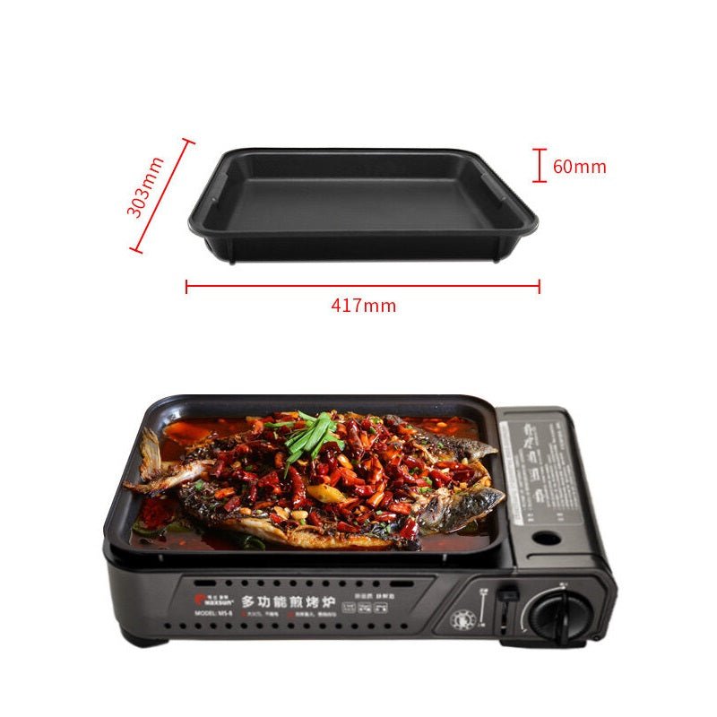 Portable gas burner stove with non-stick cooking pan and tempered glass lid, ideal for camping and picnics. Value furniture, affordable quality.