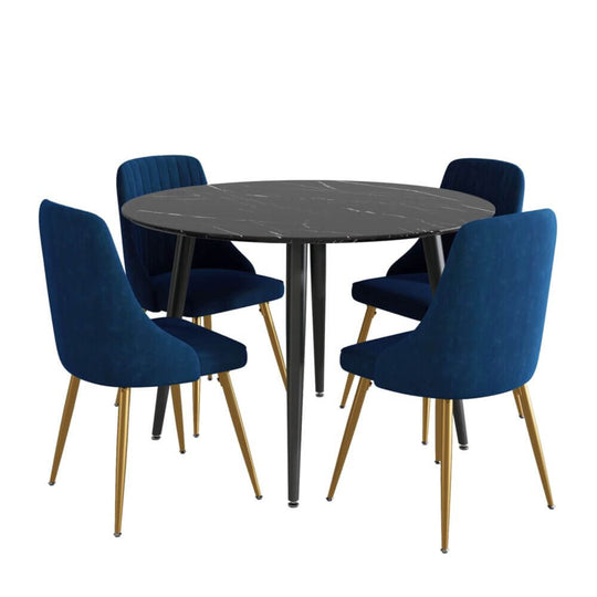 Blue Velvet Bistro Dining Set with Four Velvet Chairs and Black Marble Effect Table