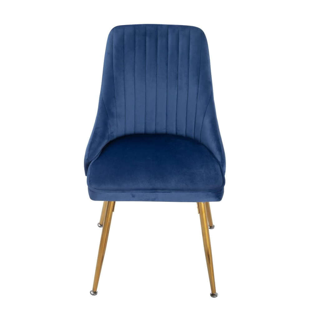 Blue velvet dining chair with modern design and gold legs