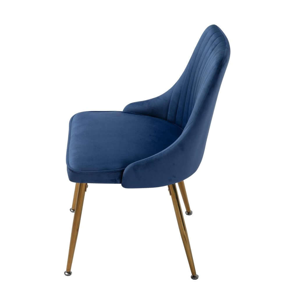 Blue velvet dining chair with gold legs, part of the Blue Velvet Bistro Dining Set, featuring modern design and comfortable seating.