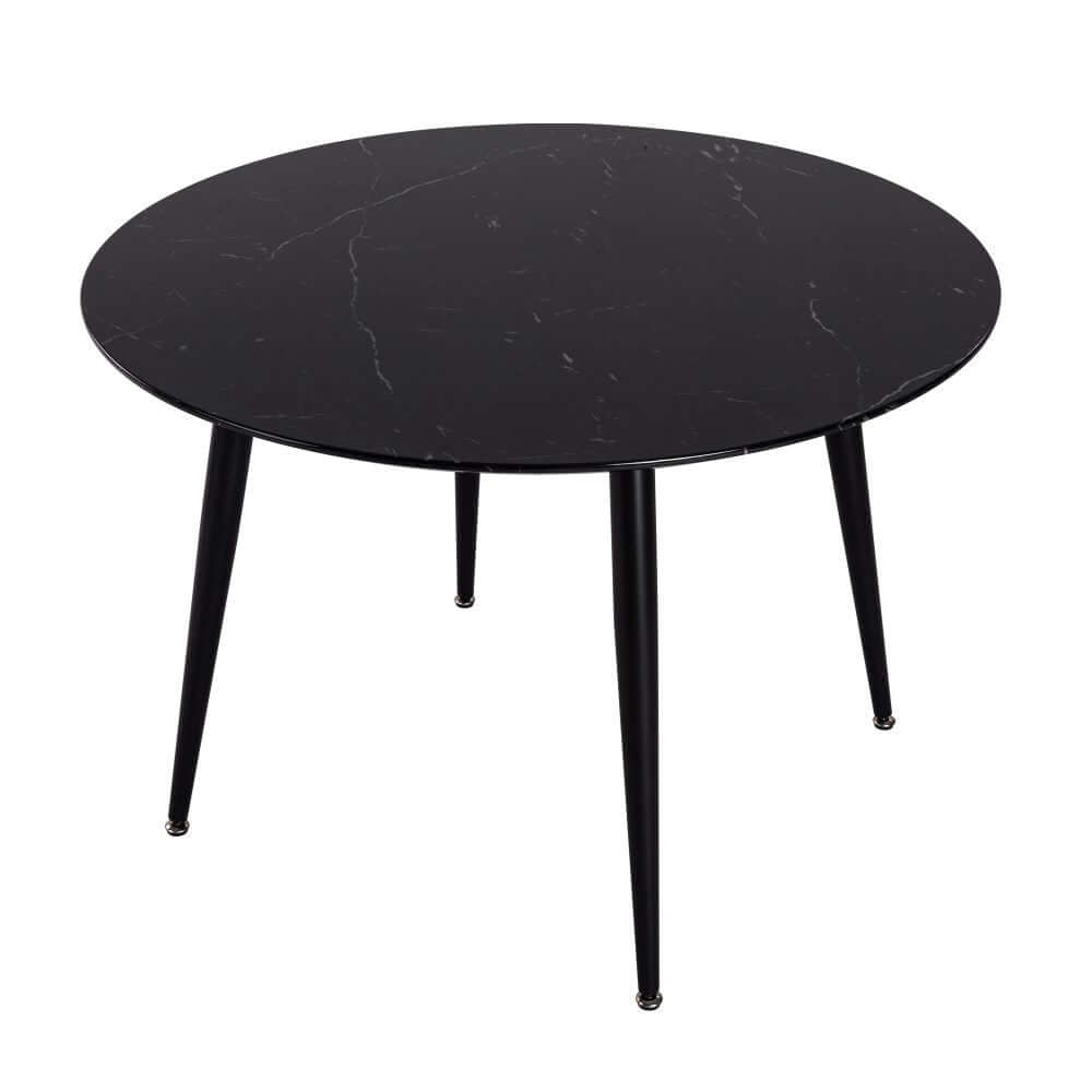 Black round dining table with marble effect top and modern minimalist design.