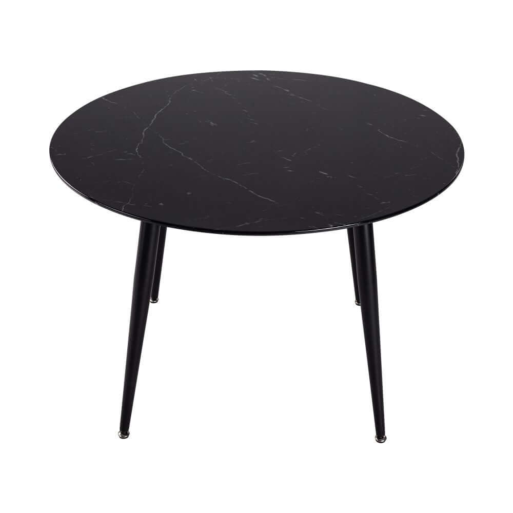 Black round dining table with marble effect and four metal legs