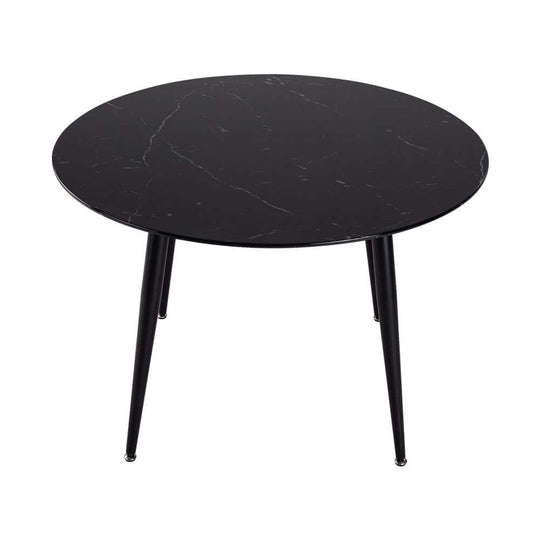 Black round dining table with marble effect and four metal legs