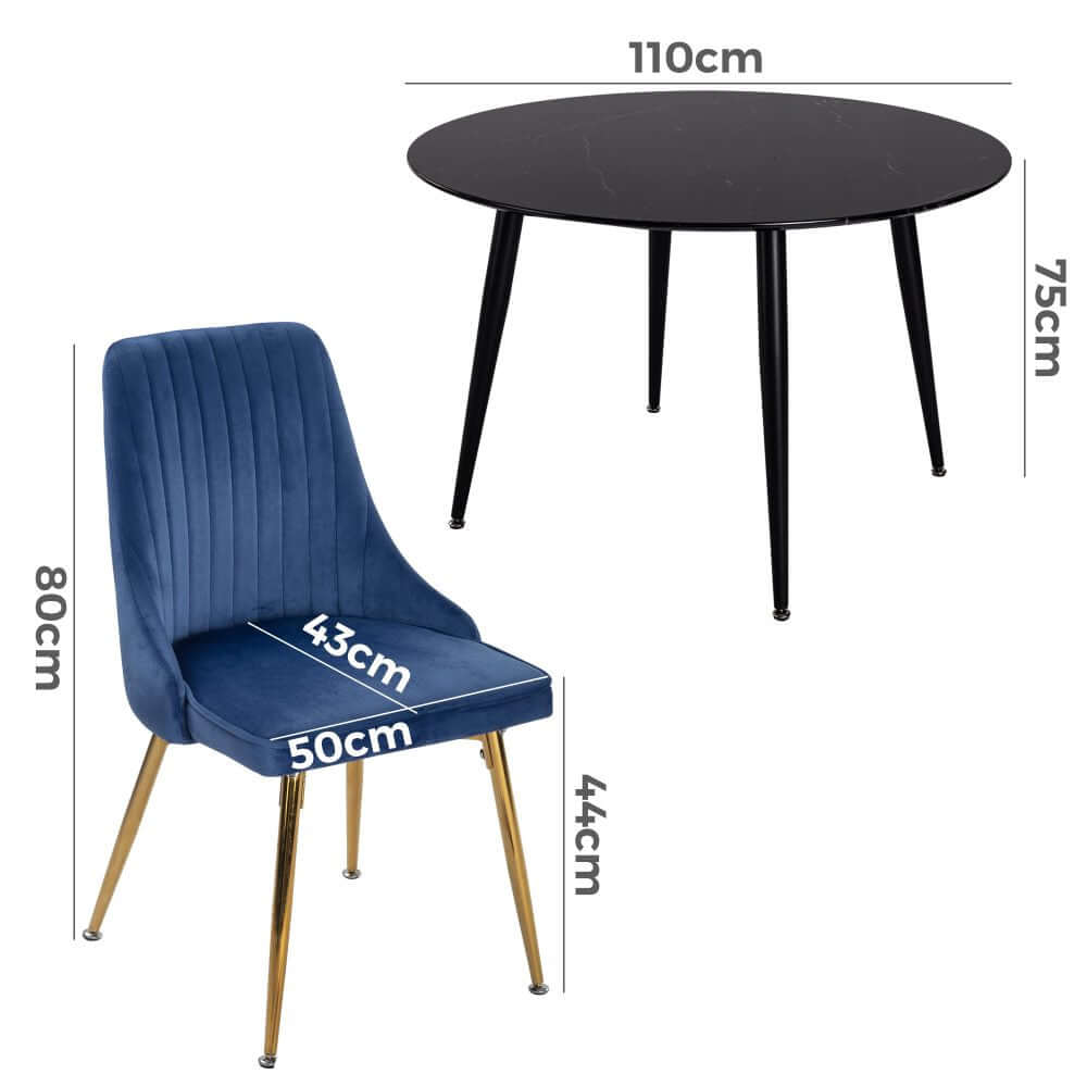 Blue velvet dining chair and black round table measurements for Blue Velvet Bistro Dining Set.