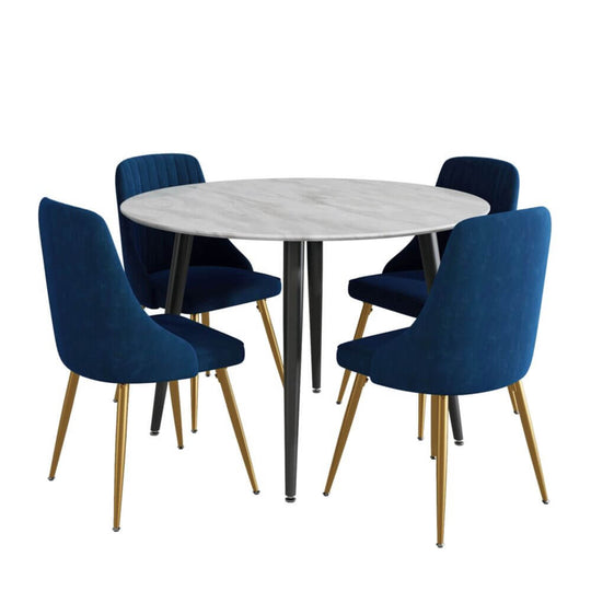 Blue velvet dining chairs with round white marble-effect table, medieval style Ocean's Velvet Dining Set, solid MDF wood, modern home decor.