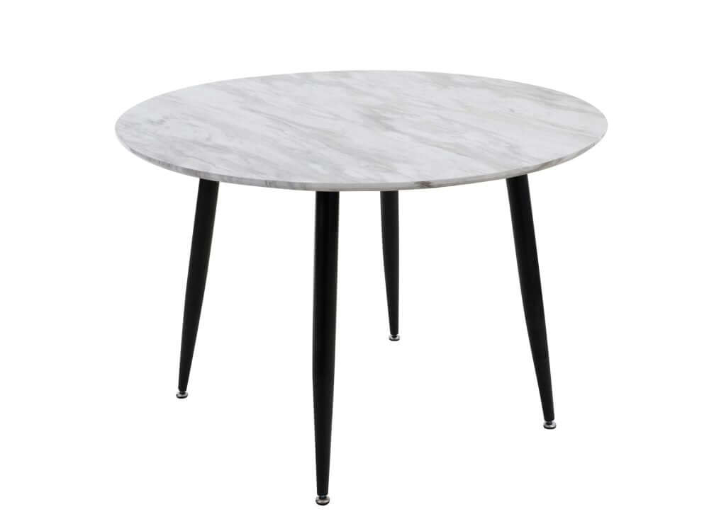 Round white marble-effect table with black legs, part of Ocean's Velvet Dining Set, made from solid MDF wood.