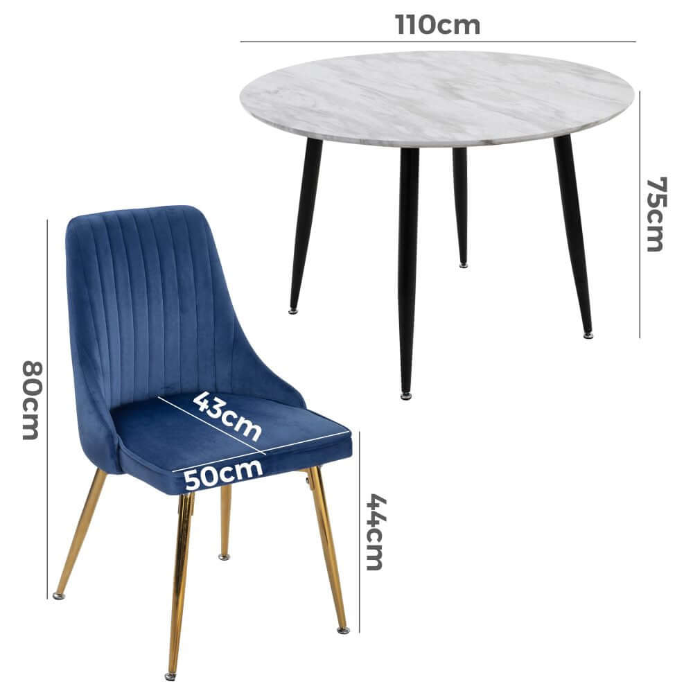 Ocean's Velvet Dining Set with white round marble-effect table and four blue velvet dining chairs, including dimensions.