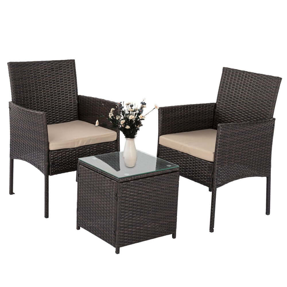 Affordable Dreamo Delightful 3 Piece Bistro Set featuring rattan chairs and a stylish glass-top table for outdoor luxury.