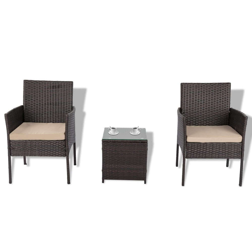 Dreamo Delightful 3 Piece Bistro Set, featuring two rattan chairs and a stylish table, perfect for outdoor relaxation.