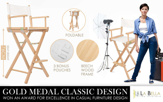 2X La Bella Folding Tall Director Chair 76cm with beech wood frame, award-winning design, and 3 bonus pouches for quality and value.