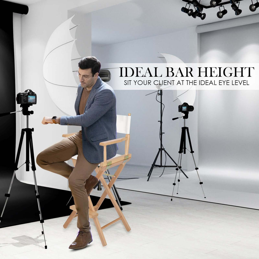 Ideal bar height director chair for photography, ensuring client is at the perfect eye level for professional shoots.