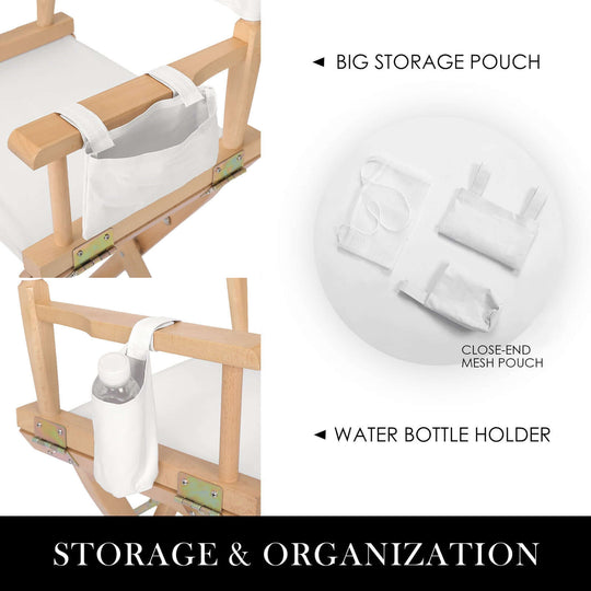 Tall director chair featuring a big storage pouch and water bottle holder for convenient organization.