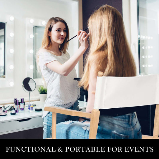 Stylish makeup artist using a tall folding director chair in a well-lit studio, showcasing functionality for events.