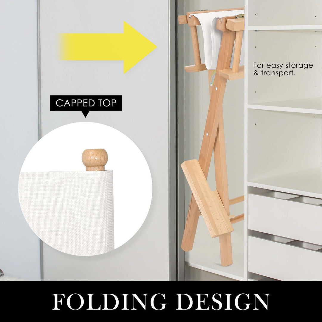 Folding design of tall director chair with capped top, showcasing easy storage and transport features.