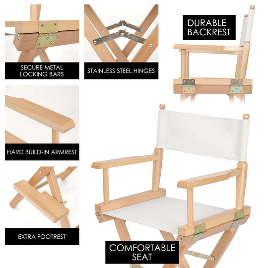 Durable beech wood director chair features secure locking bars, stainless steel hinges, extra footrest, and a comfortable seat.