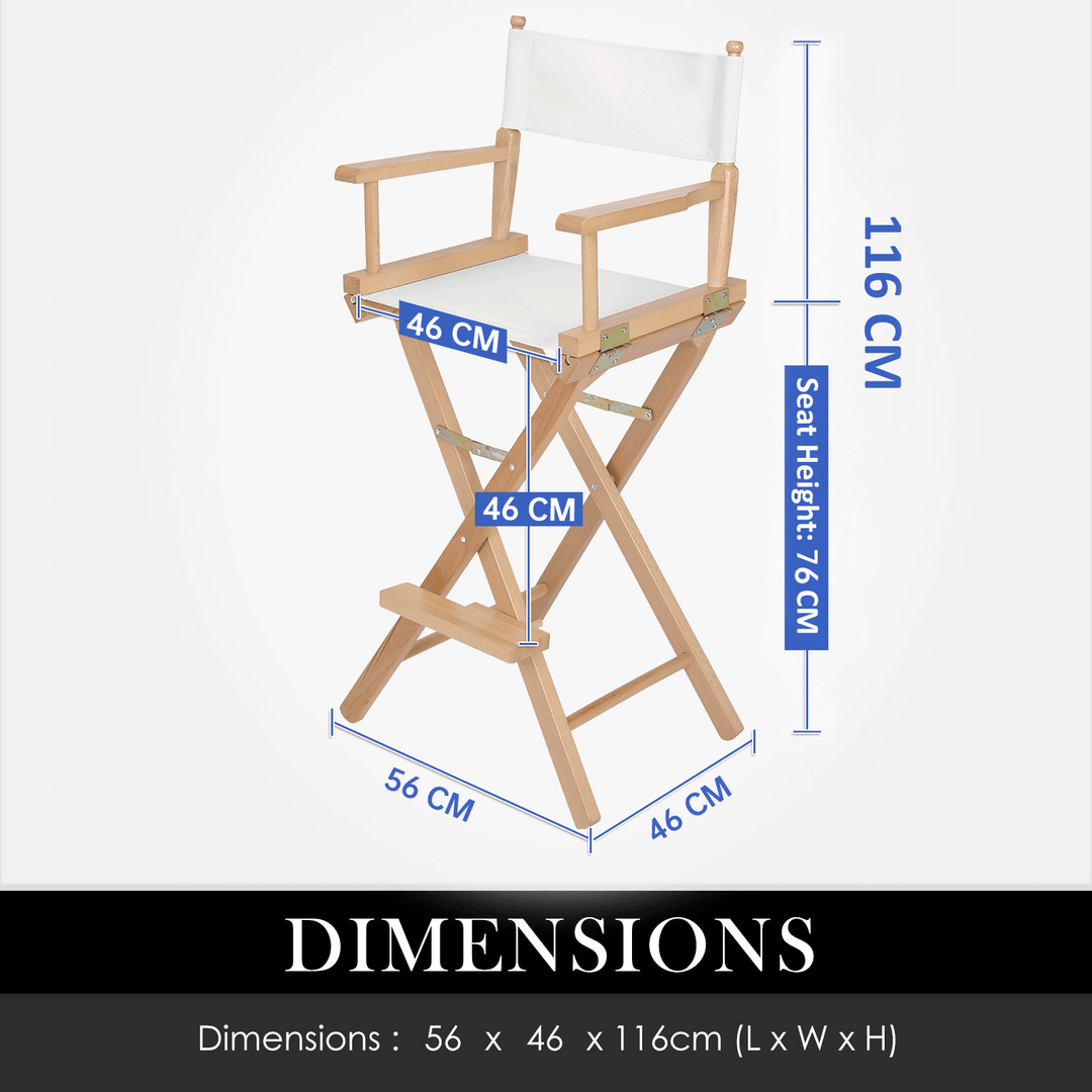 Dimensions of the La Bella 2X Director Movie Folding Tall Chair, showcasing height 116cm and seat height 76cm in beech wood.