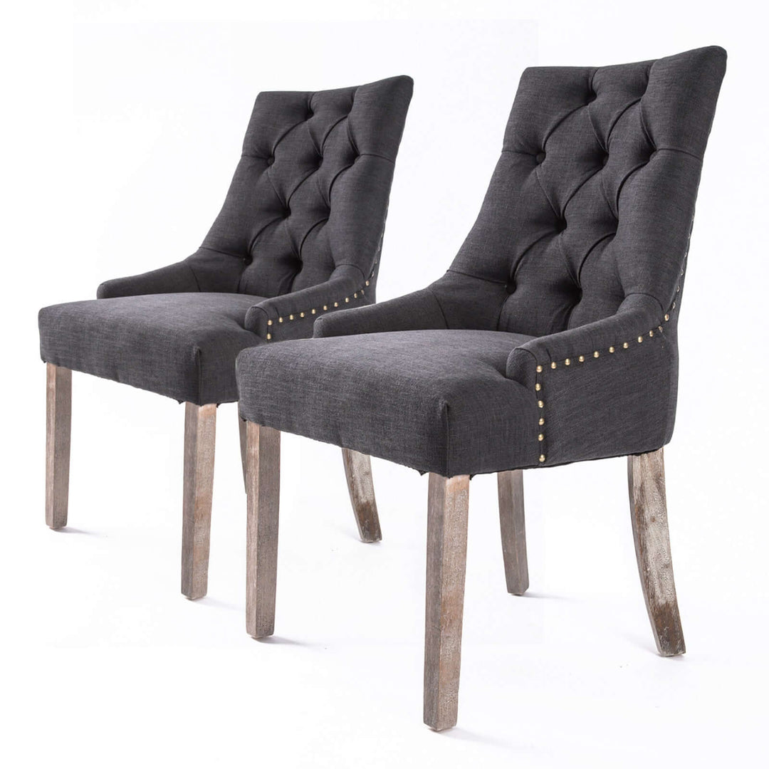 2X French Provincial Dining Chair with Oak Legs and Black Upholstery - La Bella Amour Retro Style, Thick Cushioned Seat with Stud Detail