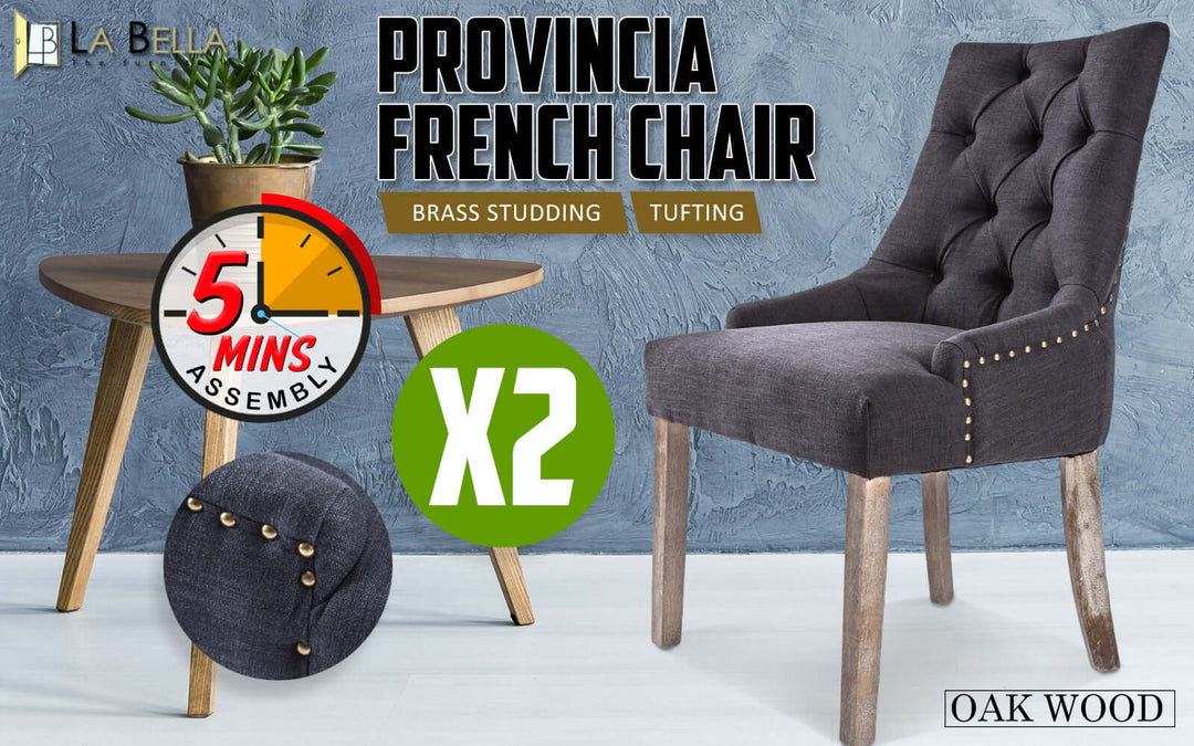 2X French Provincial Dining Chair Oak Leg Amour Black with brass studding and tufting, 5-minute assembly, oak wood legs.