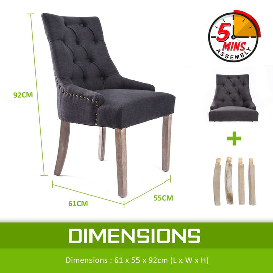 4X French Provincial Dining Chair with Oak Legs in Amour Black - Dimensions: 61x55x92 cm (LxWxH), Padded with 13cm High Resilience Foam