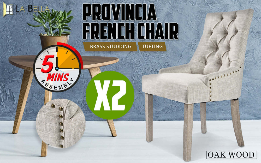 Provincial French chair cream with oak wood legs and brass studding, 2X set, quick assembly, La Bella furniture in elegant dining room setting