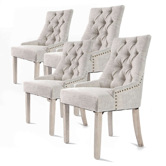 4X French Provincial Dining Chair Oak Leg AMOUR CREAM with elegant studded fabric and cushioned seats in a cream color