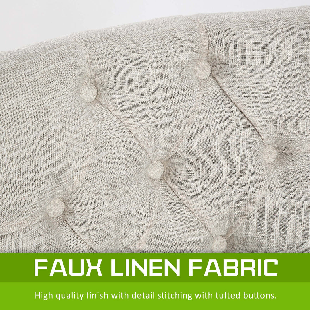 High quality faux linen fabric with detailed stitching and tufted buttons.