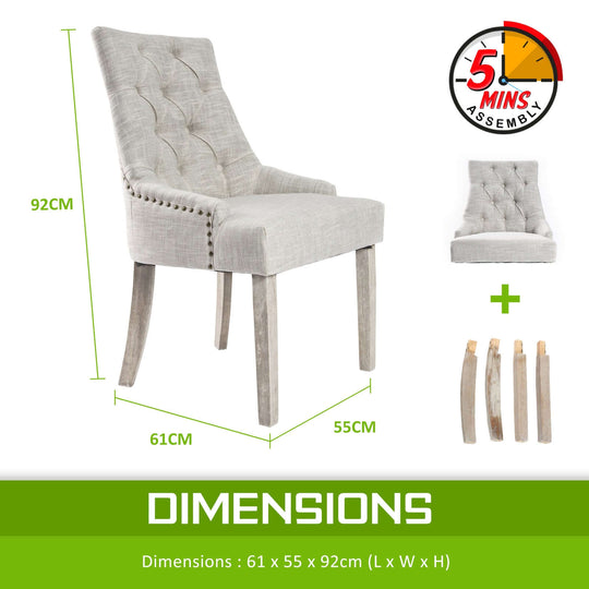 Dimensions of the 4X French Provincial Dining Chair with Oak Legs and Cream Fabric showing measurements and 5-minute assembly time.