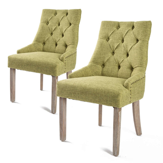 2X French Provincial Dining Chair Amour Green with Oak Legs and High Resilience Foam Cushions - La Bella Retro Studded Design