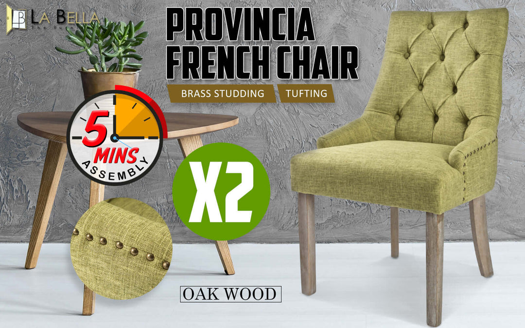 Green French Provincial dining chair with oak wood legs, brass studding, tufting, and easy 5-minute assembly, set of 2.