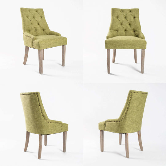 2X French Provincial Dining Chair Oak Amour Green with High Resilience Foam and Studded Details