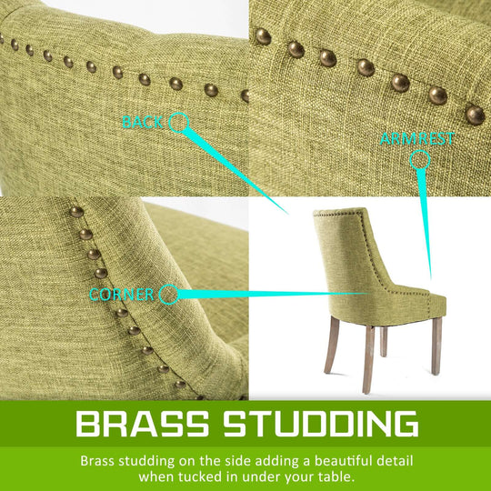 Close-up of green French Provincial dining chair showing brass studding on back, armrest, and corner, with full chair view.