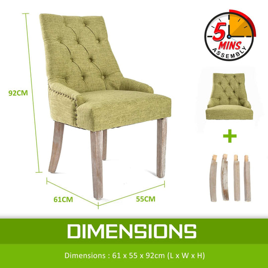 Green French Provincial dining chair with oak legs, 61x55x92cm dimensions, with high resilience foam padding, and easy 5-minute assembly.