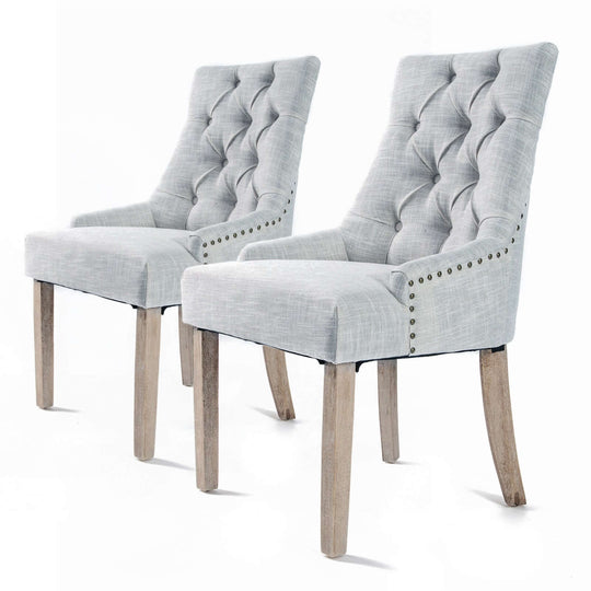 2X French Provincial Dining Chair in Grey with Oak Legs and Amour Fabric, Padded Seat, Elegant Retro Design with Studs