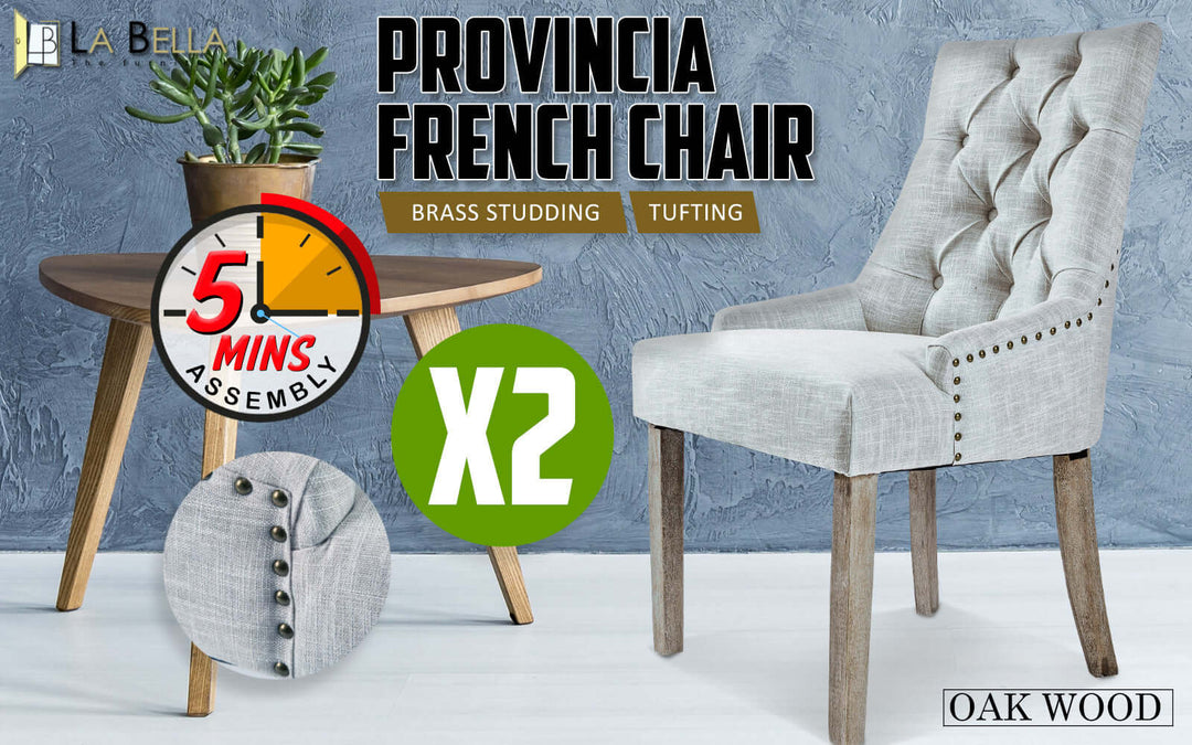 2X French Provincial Dining Chairs with Oak Wood Legs and Brass Studding in Grey, featuring 5-minute assembly and tufted design