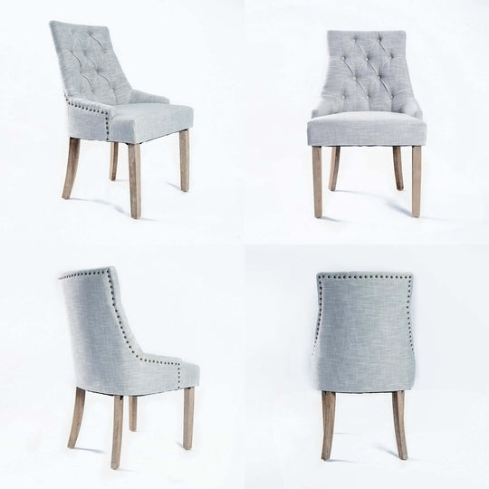 2X French Provincial Dining Chair Oak Leg AMOUR GREY - Elegant La Bella Amour chairs with grey fabric upholstery and oak legs, front and back views