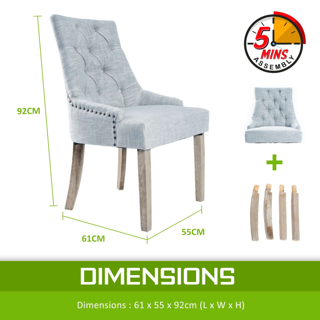 Grey French Provincial dining chair with oak legs, padded seat, dimensions 61x55x92cm, 5-minute assembly, included parts displayed.