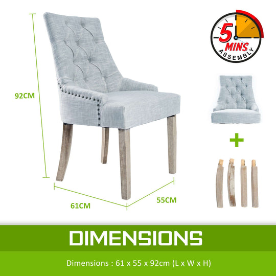 4X French Provincial Dining Chair Oak Leg AMOUR GREY with assembly instructions and dimensions 61 x 55 x 92 cm (L x W x H) diagram.