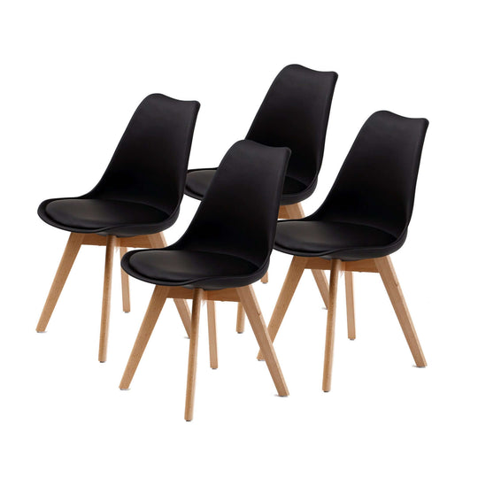 Set of 4 black retro dining cafe chairs with padded seats, made of high-quality polypropylene and PU leather, featuring wooden legs.