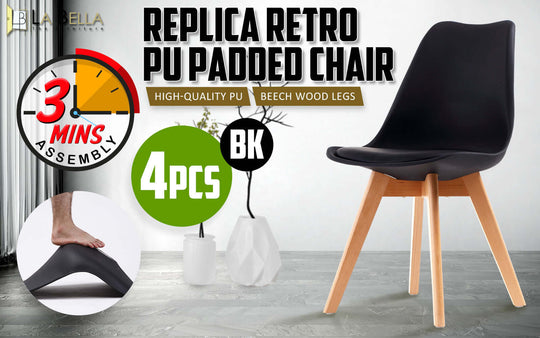 4 piece set of black retro dining cafe chairs with padded seat and wooden legs, high-quality PU, easy assembly in 3 minutes