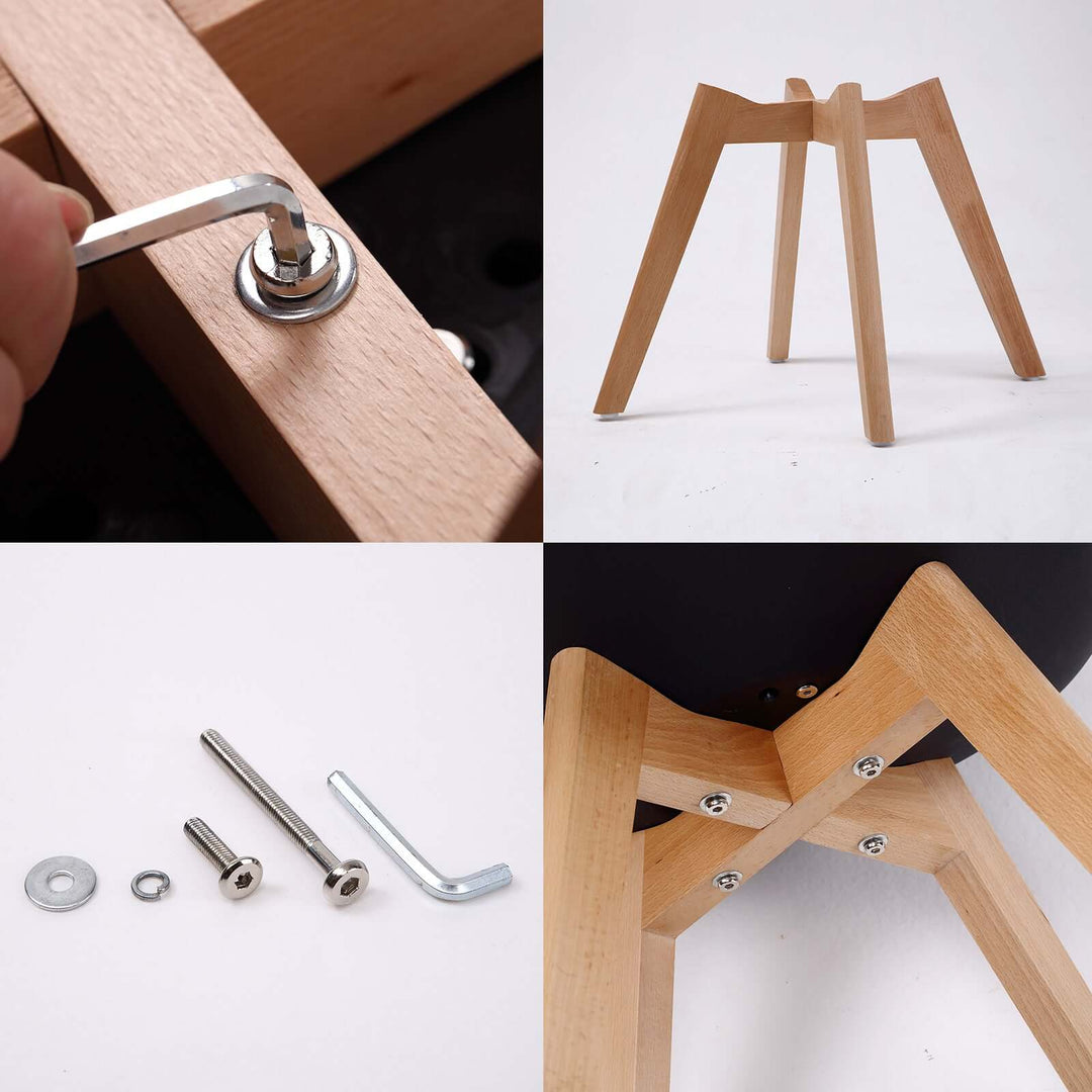 Assembly process of La Bella 4X Retro Dining Cafe Chair with wooden legs and screws.