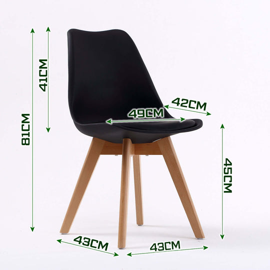 4X Retro Dining Cafe Chair with black padded seat and wooden legs, dimensions displayed in centimeters.