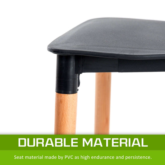 Close-up of black Belloch chair seat corner with wooden legs, featuring durable PVC material for high endurance and persistence.