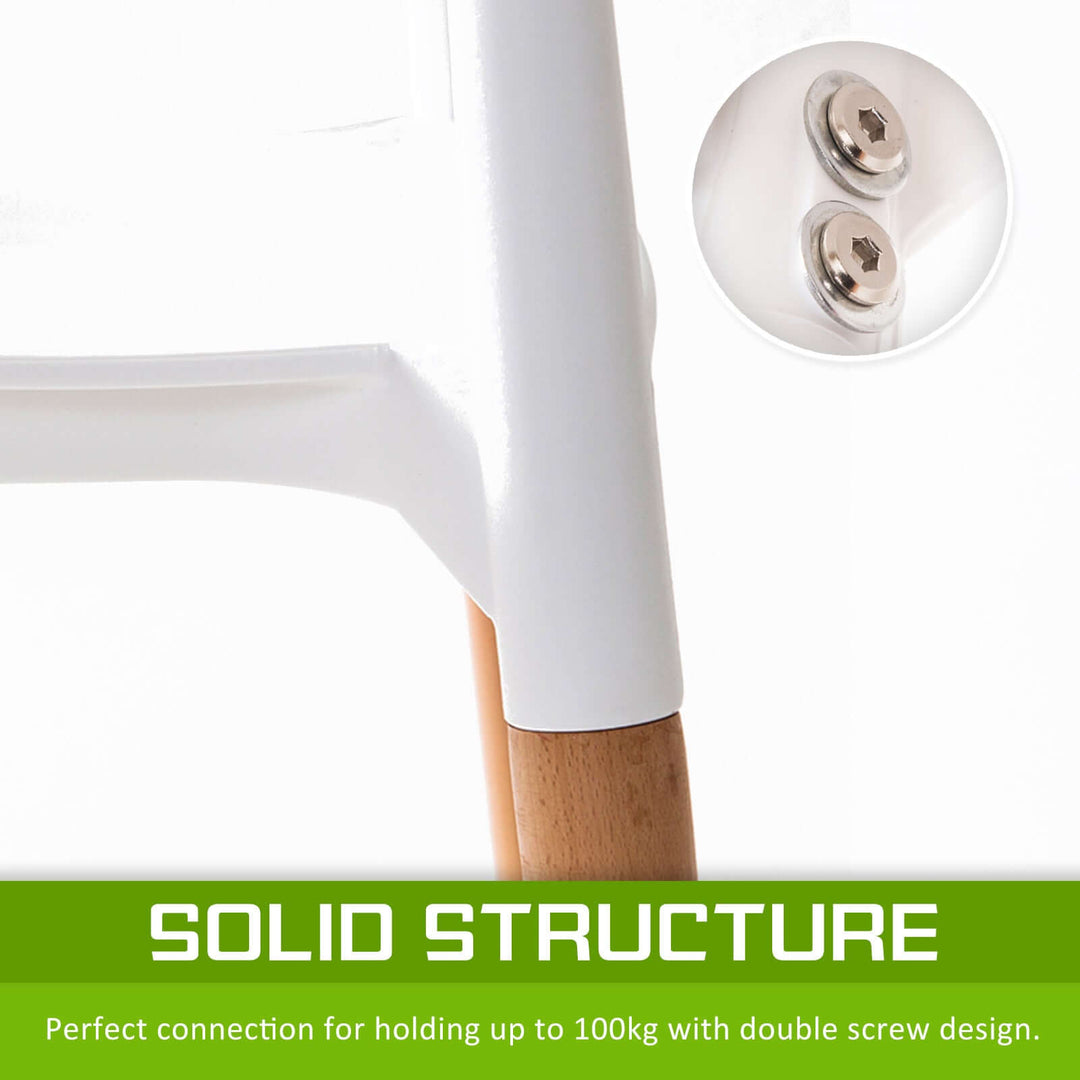 Close-up of white Belloch chair with wood legs, highlighting solid structure and double screw design for 100kg capacity