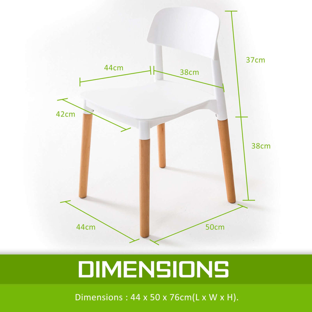 Dimensions of La Bella Belloch Stackable Dining Cafe Chair in White with wood legs at 44 x 50 x 76 cm (L x W x H)