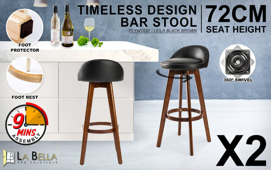 DSZ Product, feed-cond-new, feed-sl-DSZ Freight Payable, new2 X  Wooden Bar Stool Dining Chair Leather Leila 72Cm Black Brown - Premium Furniture > Bar Stools & Chairs > Table & Bar Stools from La Bella ! Shop Online Buy Now at S & D's Value Store Family Business Best Customer ServiceDSZ Product, feed-cond-new, feed-sl-DSZ Freight Payable, new