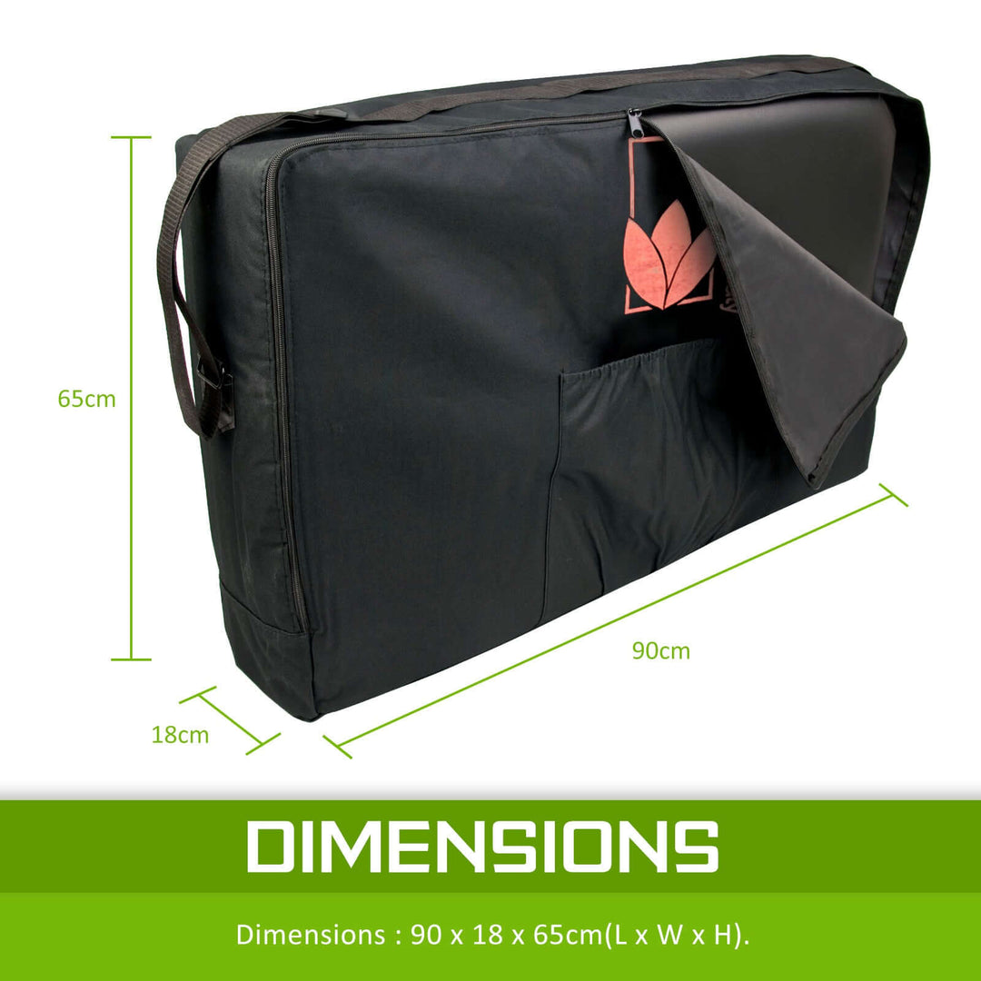 Portable massage table carry bag showing dimensions of 90x18x65cm in black, designed for convenience and protection during transport.