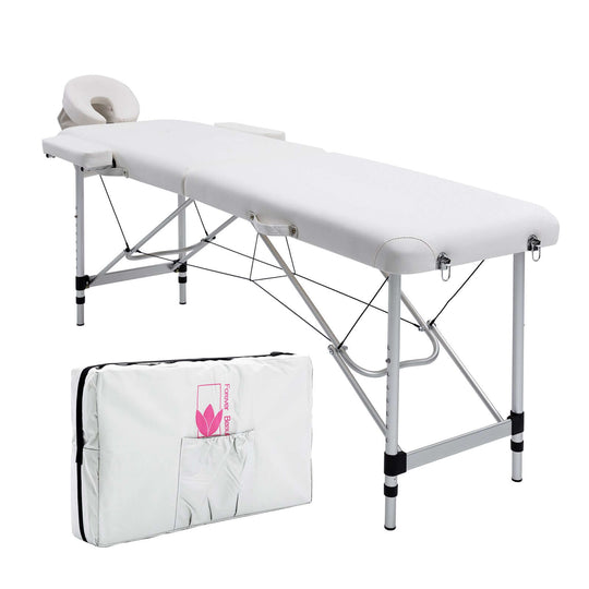 Affordable white 2-fold aluminium portable beauty massage table with carry bag for quality DIY therapy sessions.